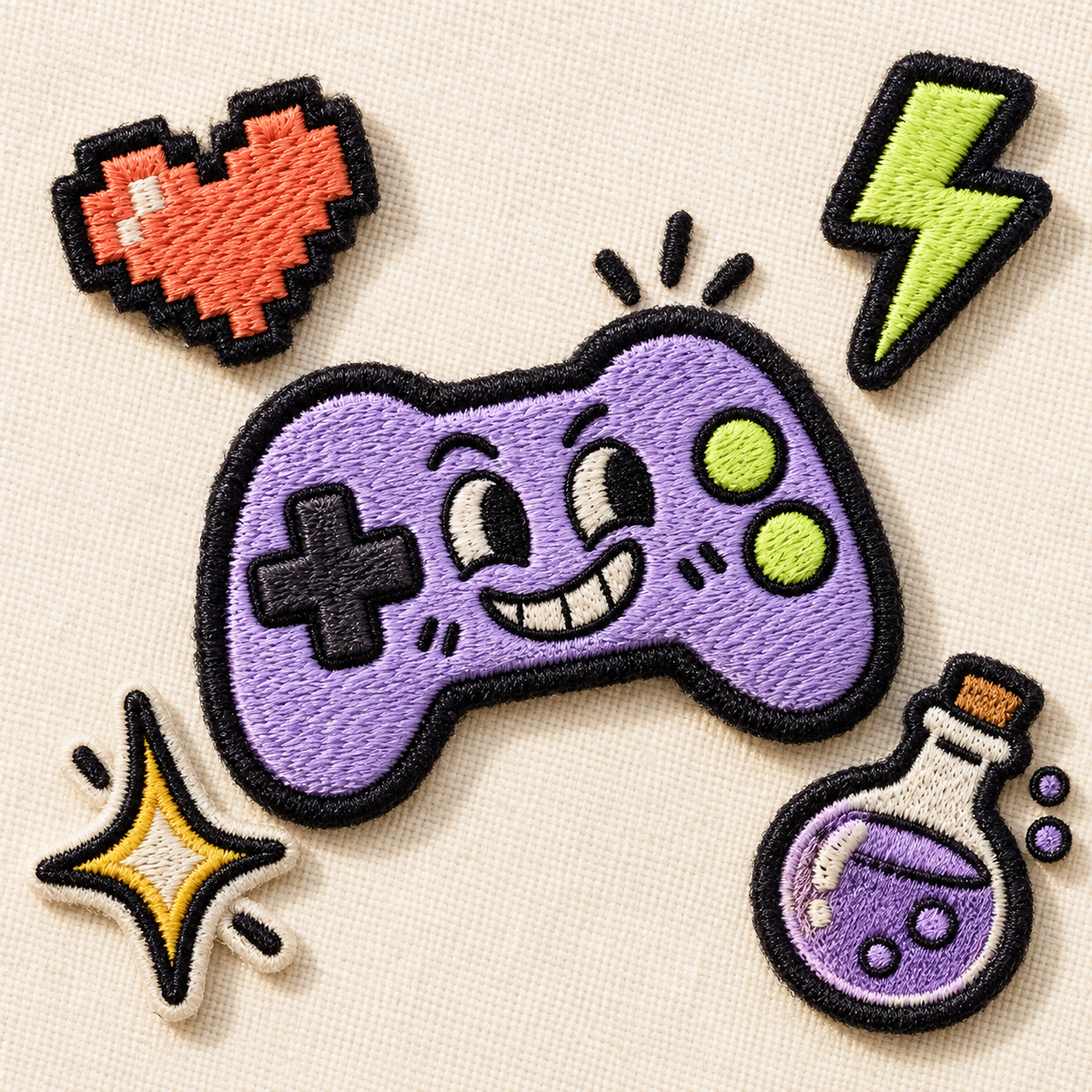 Playful embroidered controller, pixel heart, lightning bolt, and potion patch artwork.